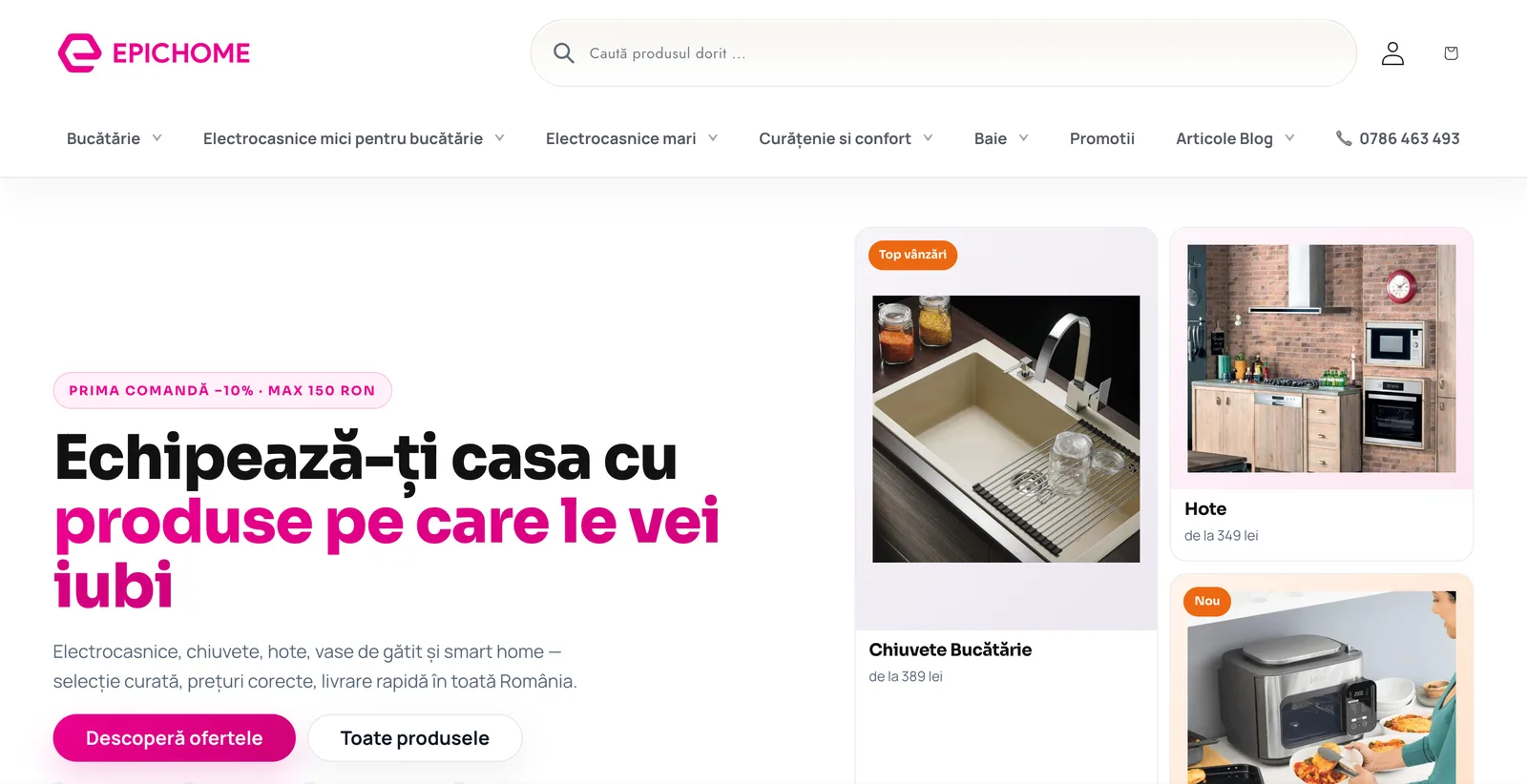 The epichome.ro storefront: kitchen sinks, hoods and air fryers