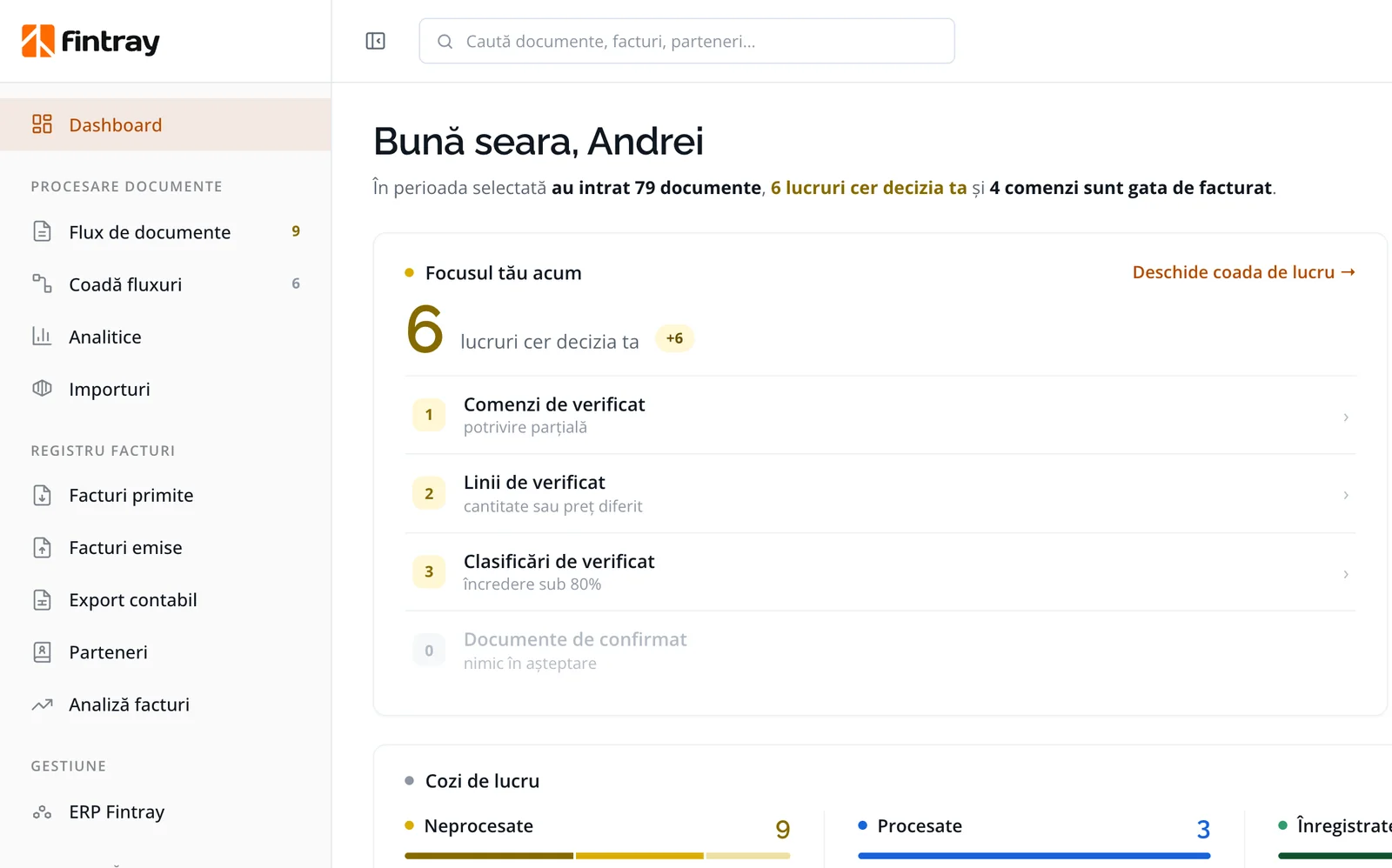 Fintray dashboard: the documents that need a decision today
